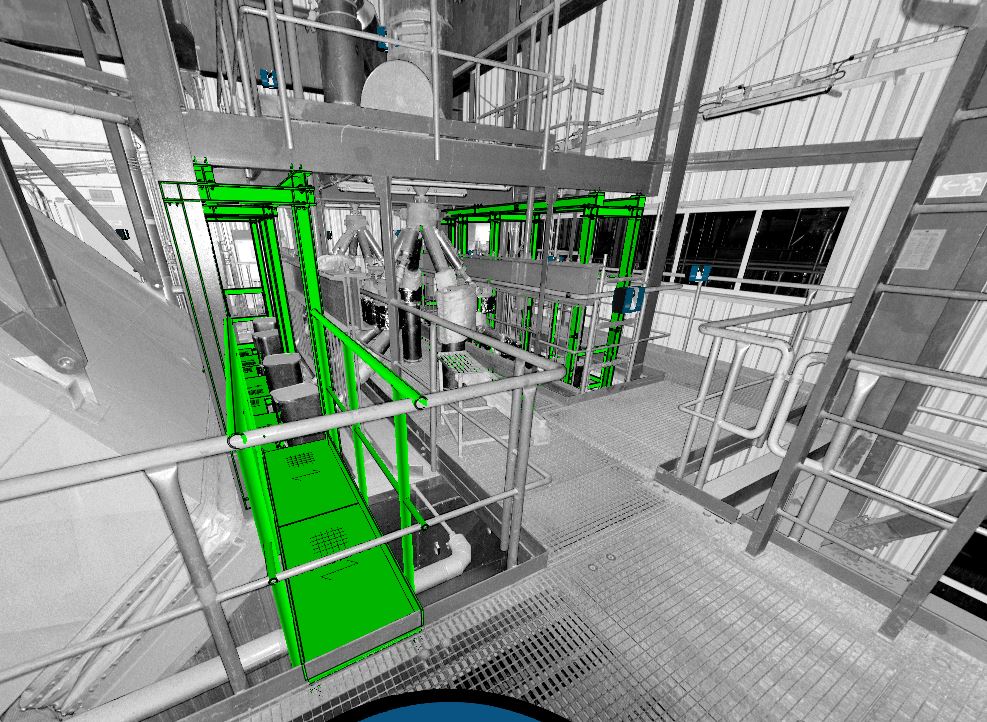 Neue Stahlkonstruktion (grün) im 3D-Scan einer Bestandsanlage